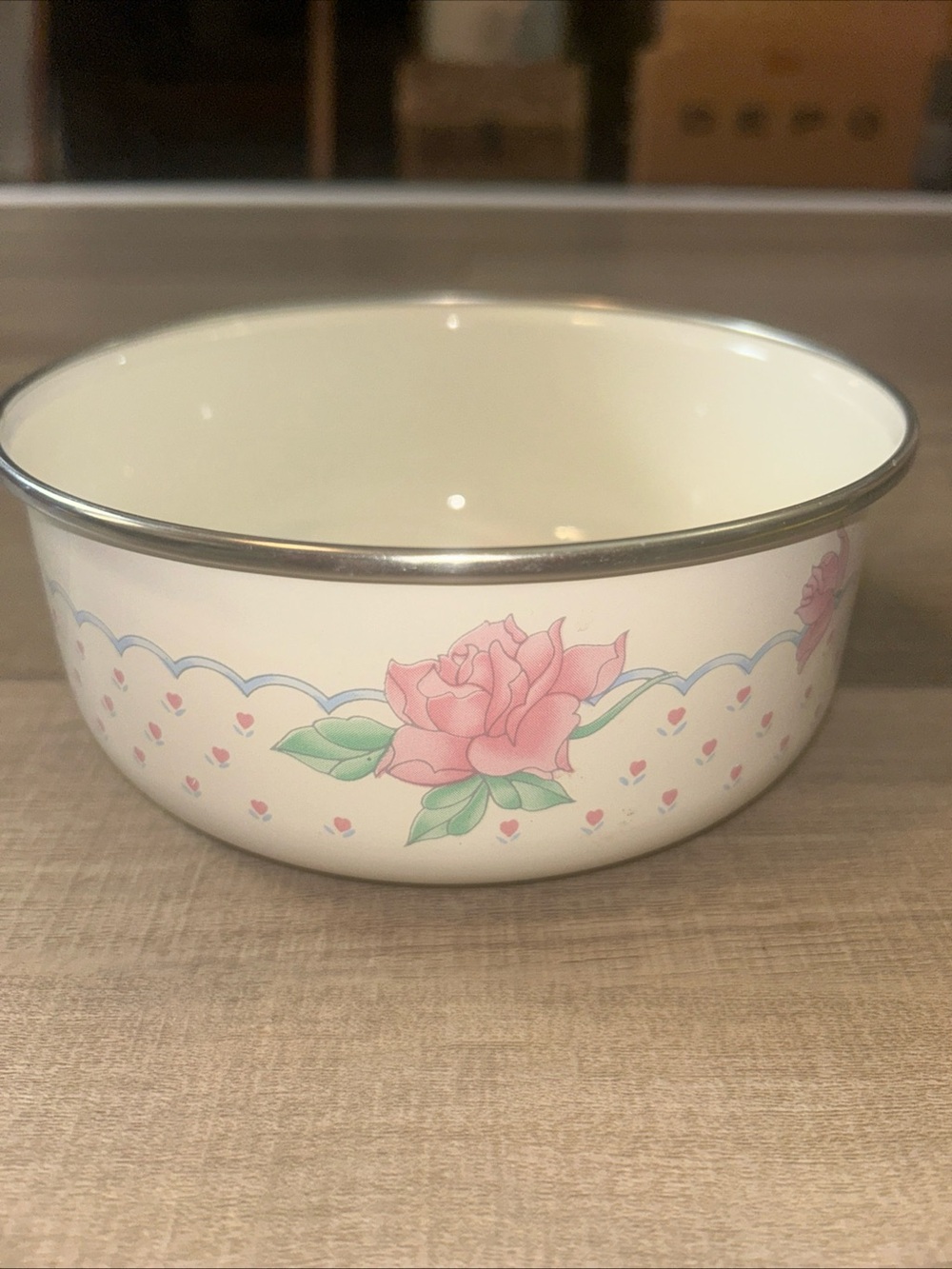 Vintage Enamelware Mixing Bowl Rose Flower Farmhouse Cottage Core Country Side